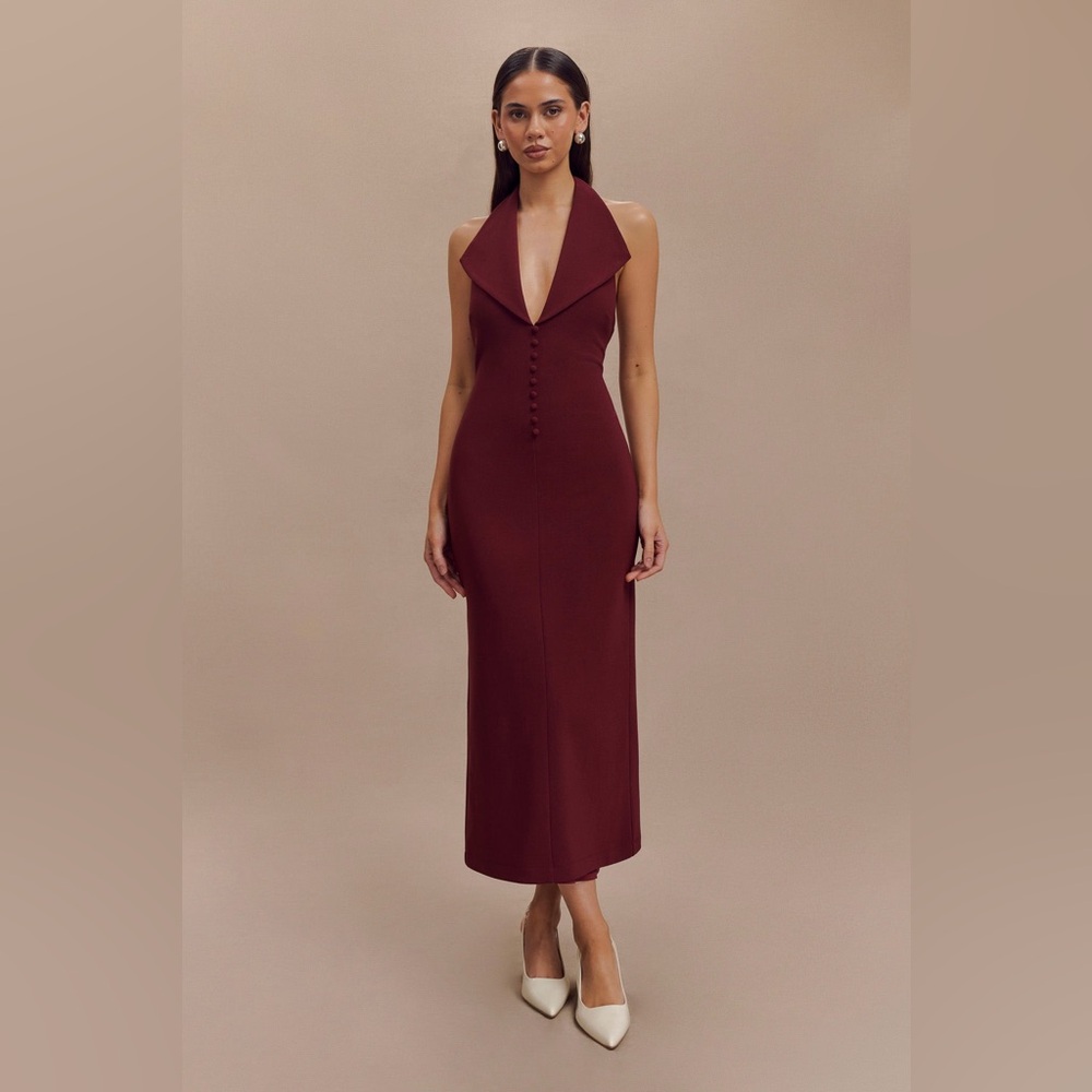 MESHKI | Annita Crepe Halter Midi Dress - Merlot | Size: Medium